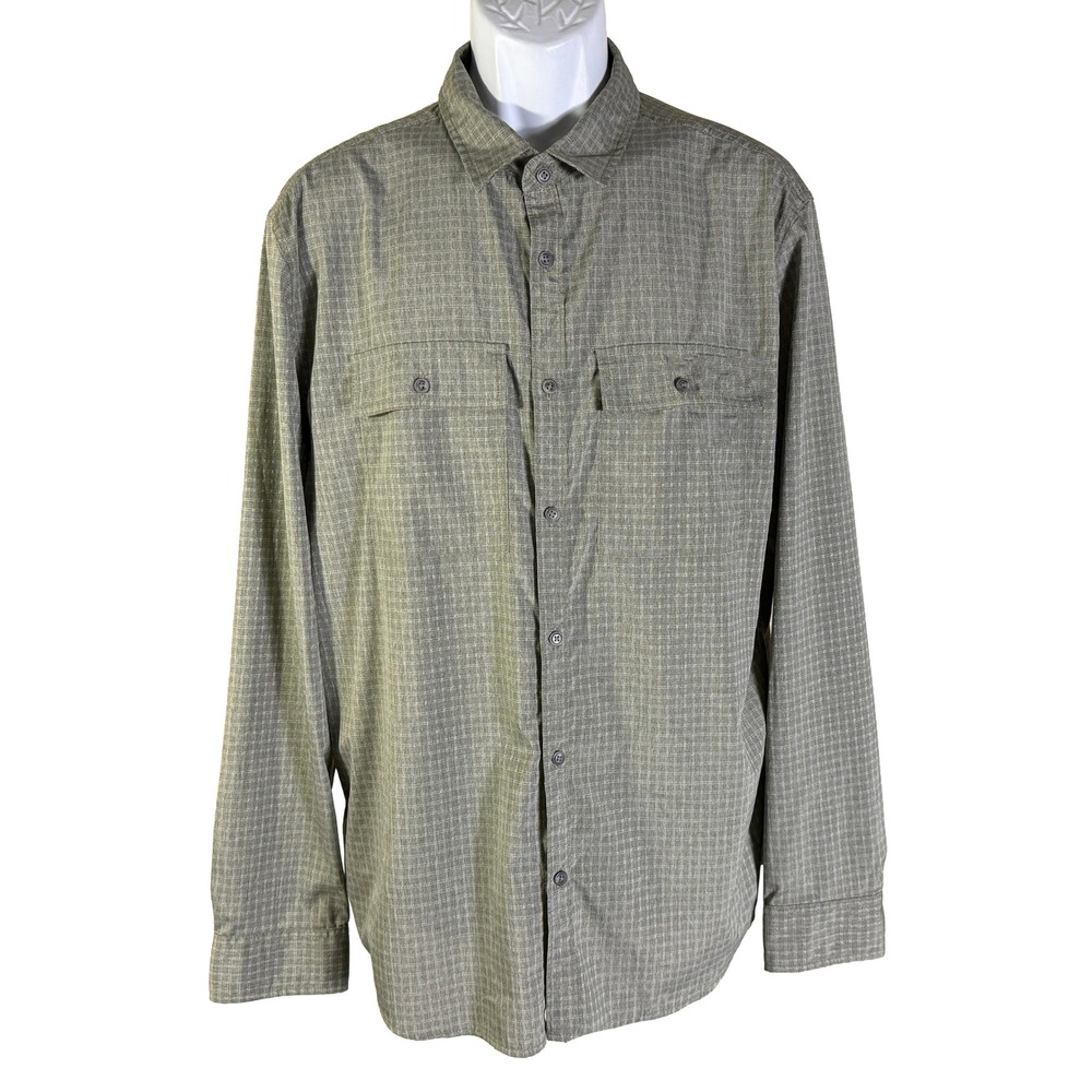 Prana Button Down Shirt Mens Large Green Grid Long Sleeve Hiking Outdoor 1965681